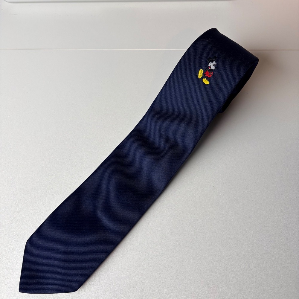 Vintage Disney Mickey Mouse Navy Blue Embroidered Silk Blend Necktie Made in USA